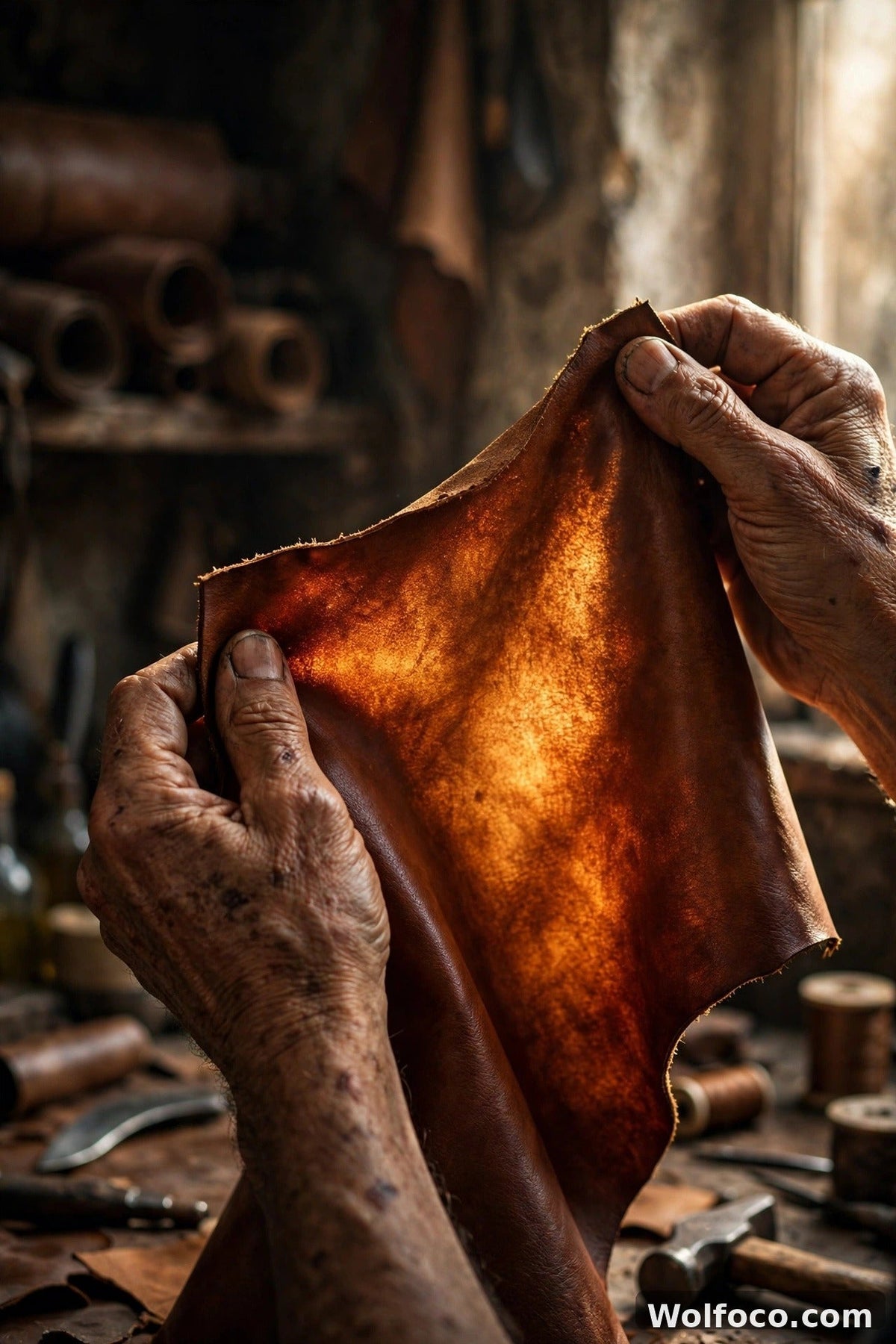 Leather craftsman's hands holding a cognac-brown hide up to the light — Wolfoco genuine leather guide