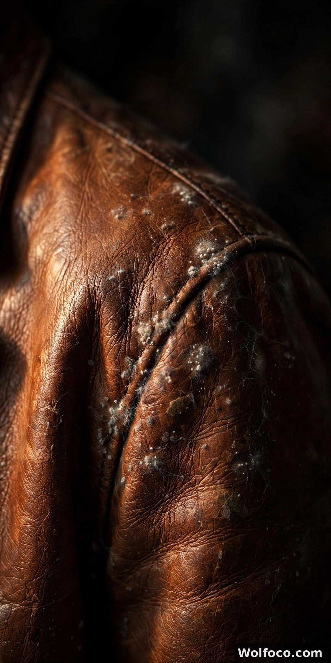 Cinematic close-up of a cognac leather jacket shoulder with faint mold spots, dramatic side lighting