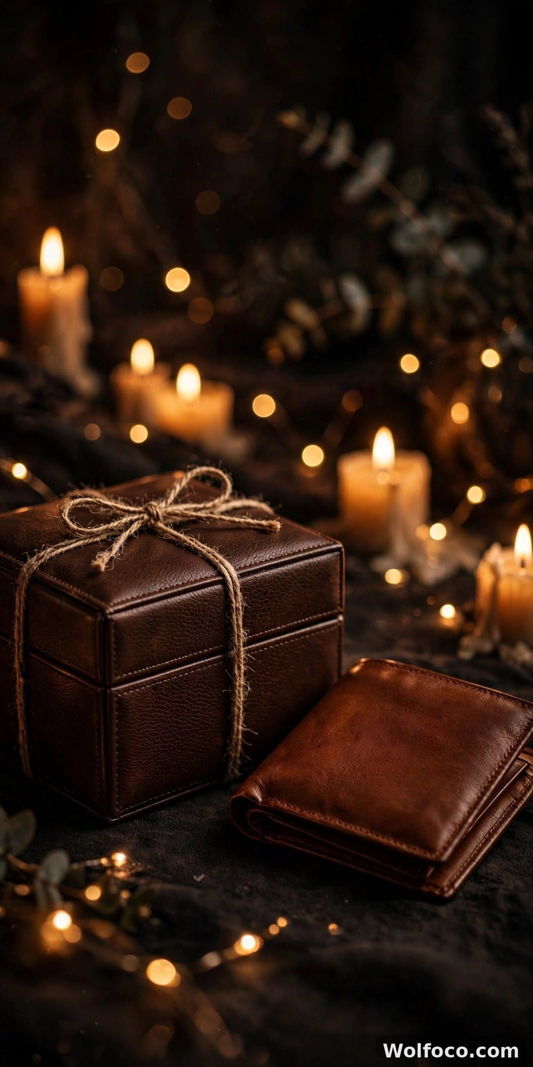 Leather anniversary gift box tied with twine and a cognac leather wallet in candlelight