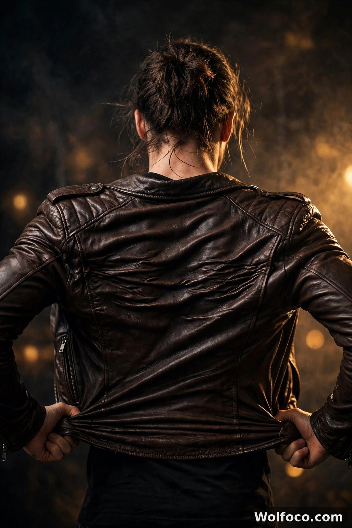 Man straining to zip a too-tight brown leather biker jacket, cinematic editorial