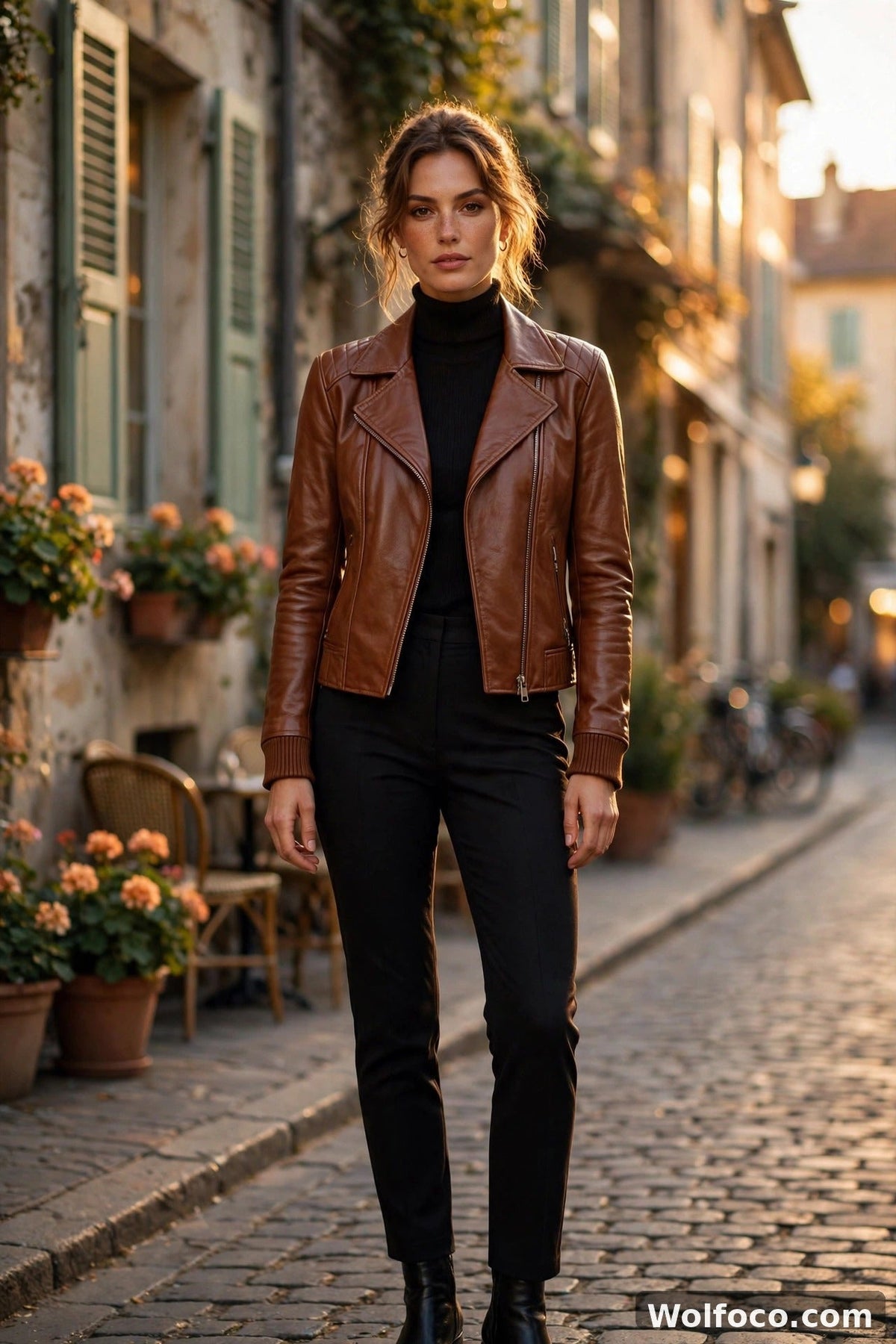 Woman in a cognac-brown leather biker jacket on a sunlit street at golden hour