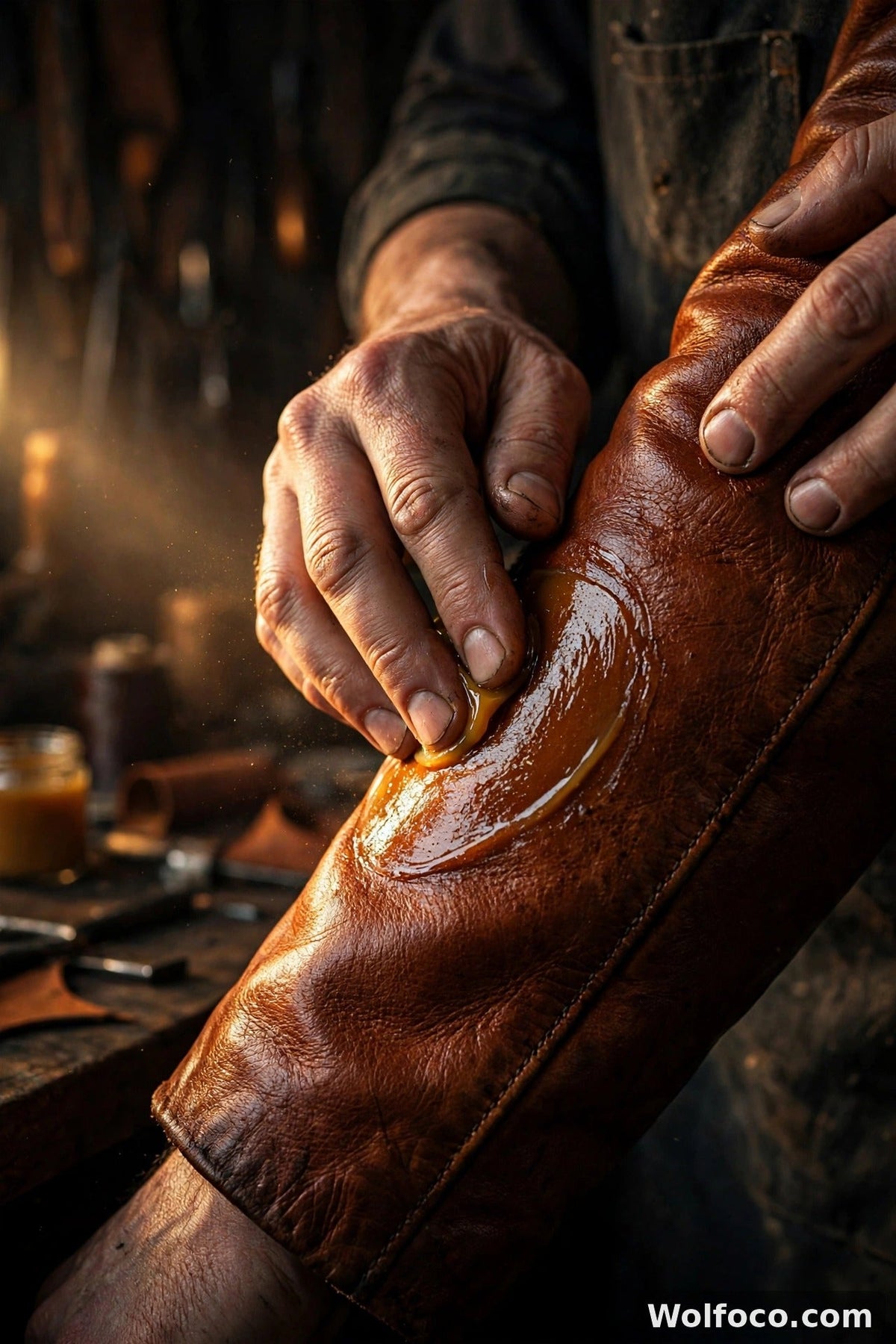 Craftsman rubbing amber leather conditioner into a cognac leather jacket sleeve