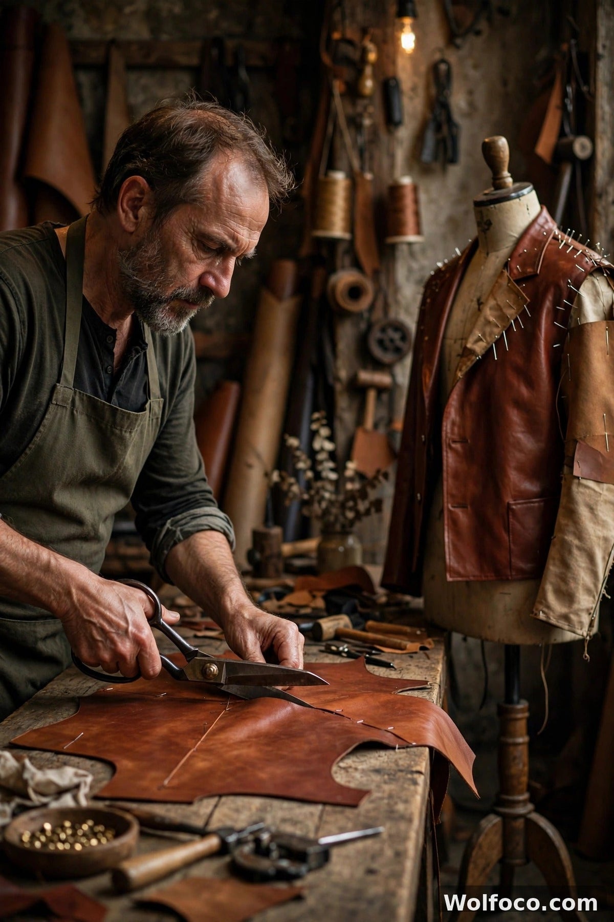 Master leather craftsman hand-cutting a custom leather jacket at a workshop bench