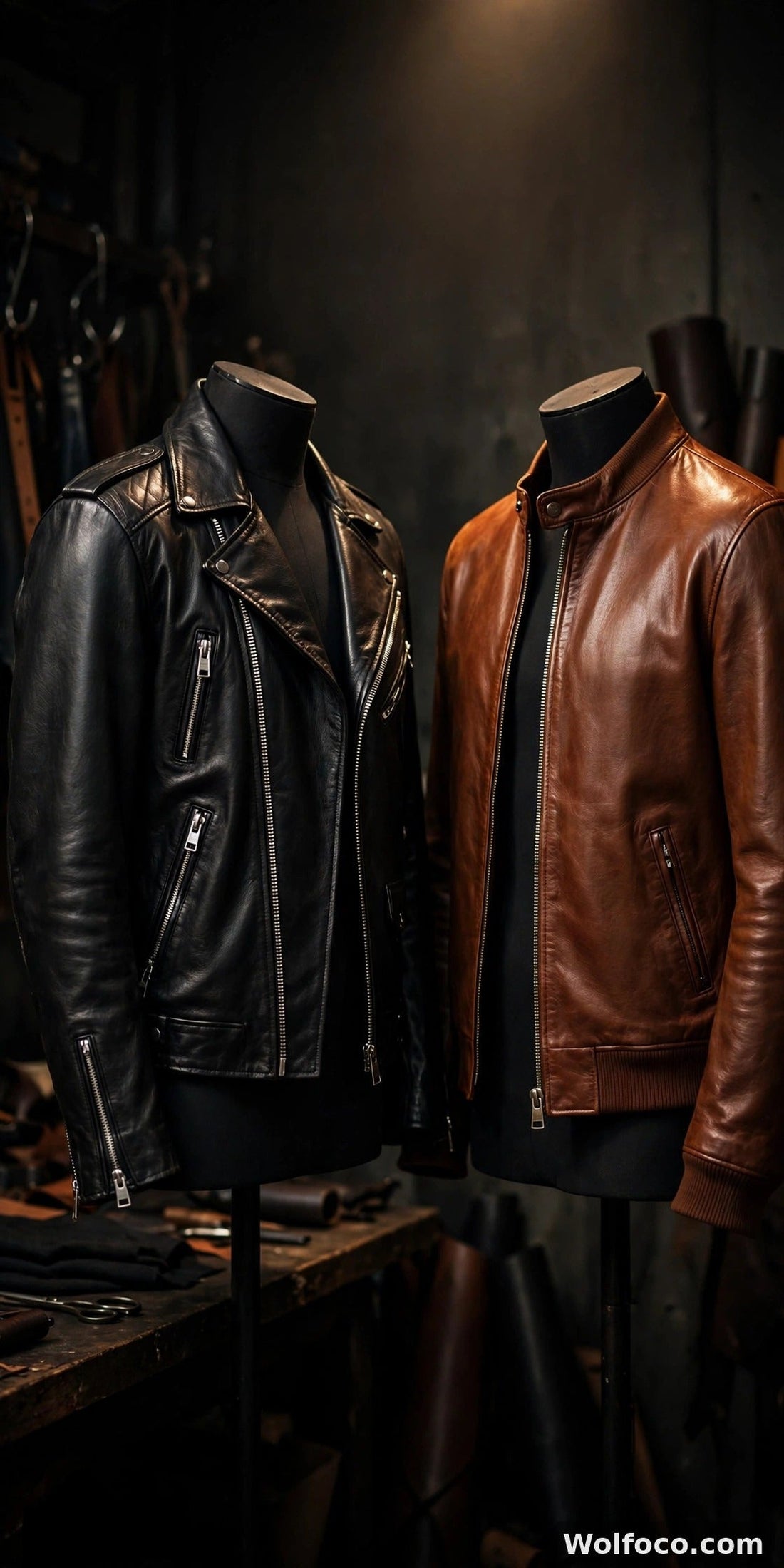 Black leather biker jacket and cognac brown cafe racer jacket displayed side by side on mannequins in a moody atelier