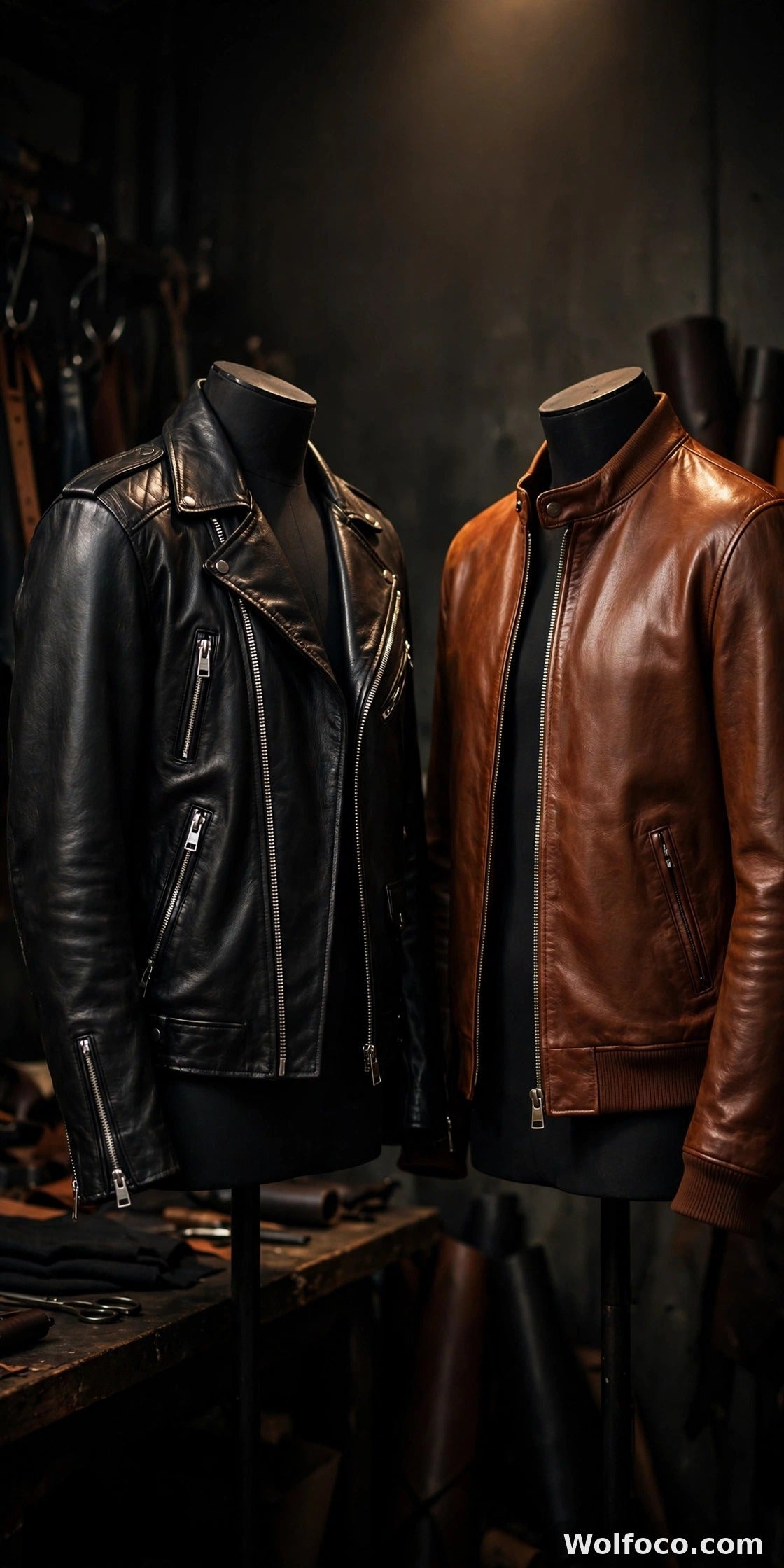 Black leather biker jacket and cognac brown cafe racer jacket displayed side by side on mannequins in a moody atelier