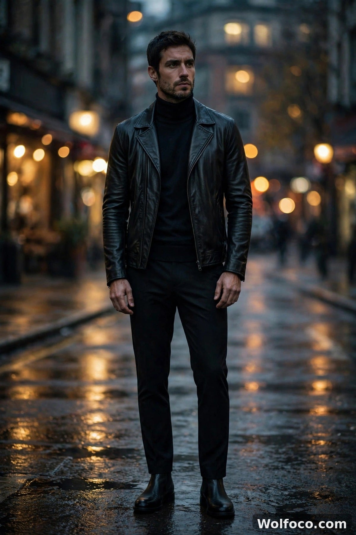 Man in a fitted black leather jacket on a city street at dusk, cinematic editorial
