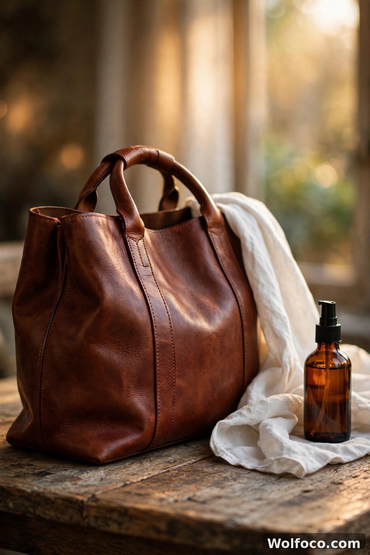 Cognac leather tote bag with cleaning cloth and leather cleaner in warm window light