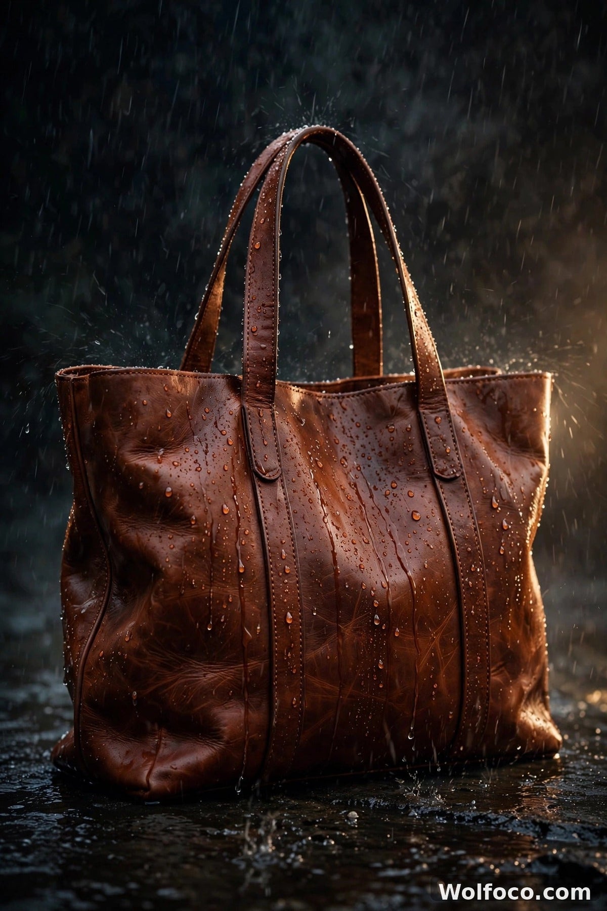 Cognac brown leather tote bag in rain with water droplets beading on the surface