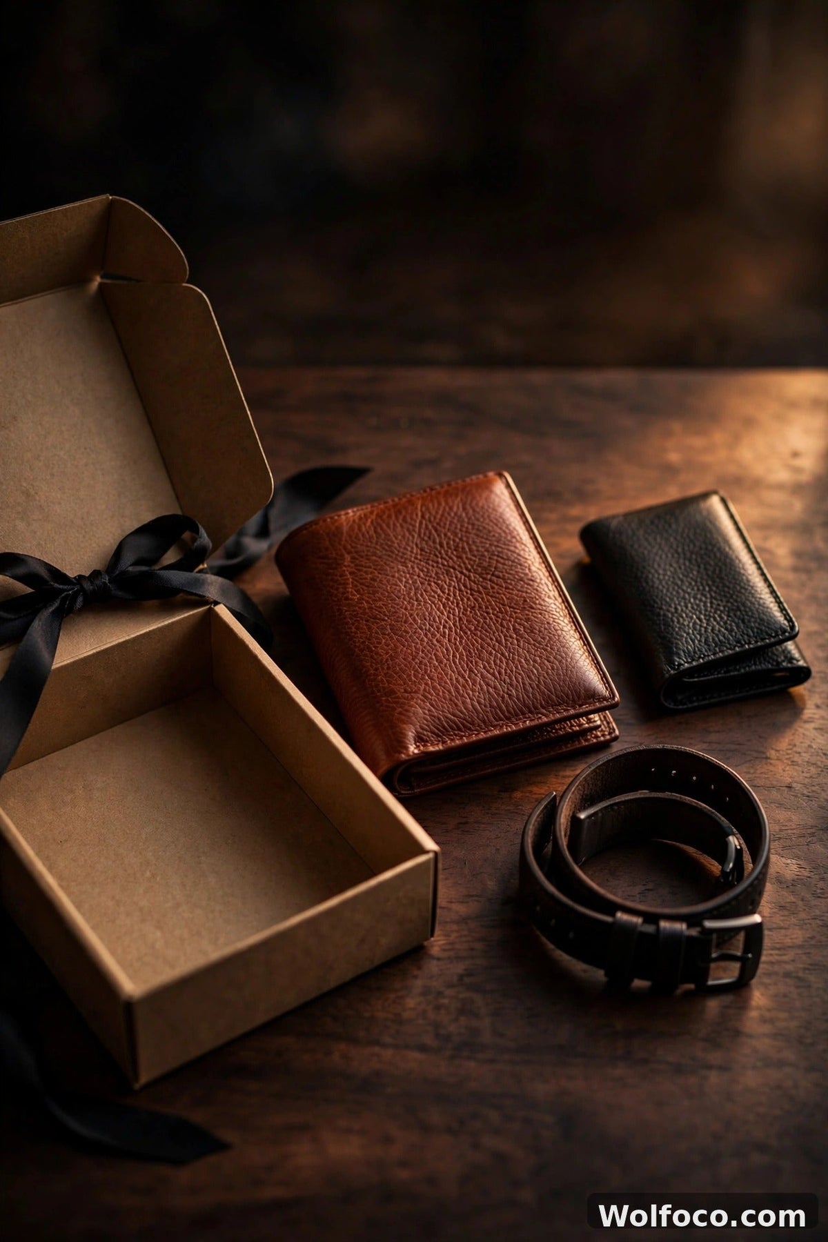 Leather gift set with cognac wallet, card case and watch strap beside an open gift box