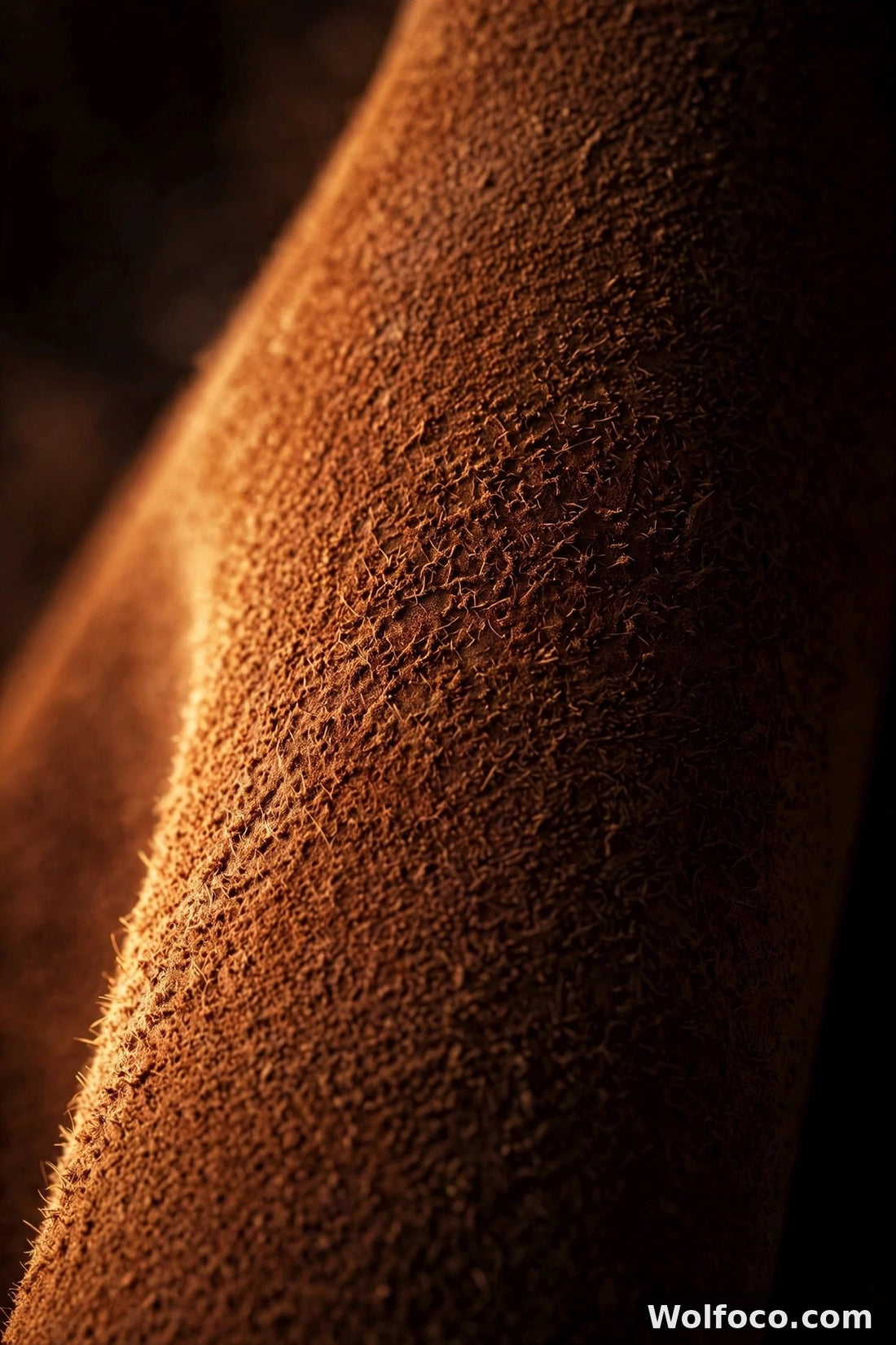 Cinematic close-up of cognac-brown nubuck leather's velvety nap catching warm light