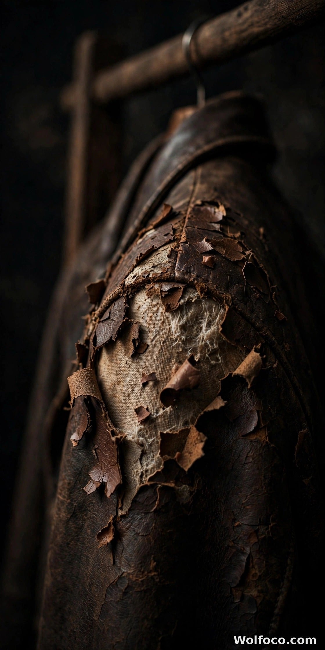Peeling bonded leather jacket shoulder showing flaking coating over fibrous backing — Wolfoco editorial