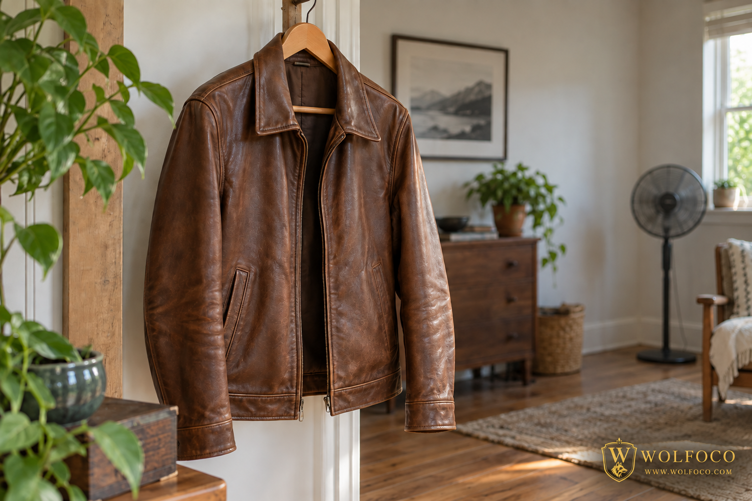 Brown leather jacket hanging in a ventilated room away from direct heat