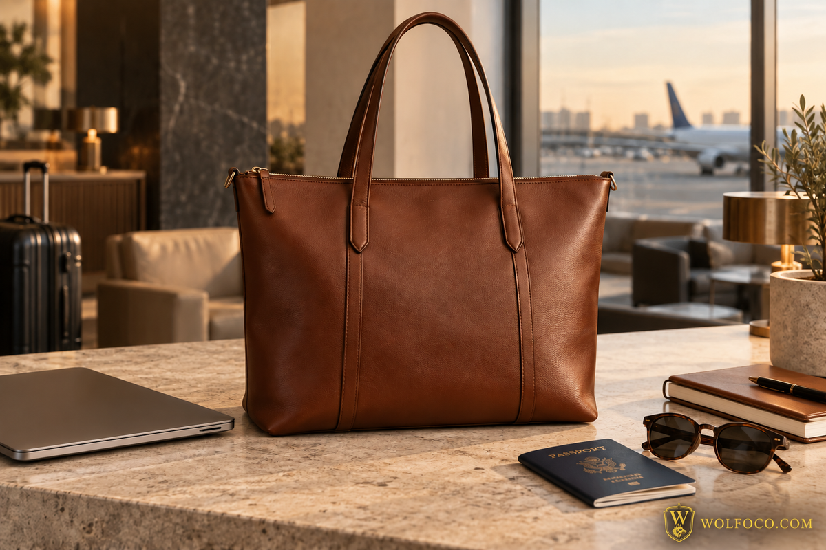 Brown leather work and travel tote beside laptop and passport in an airport lounge