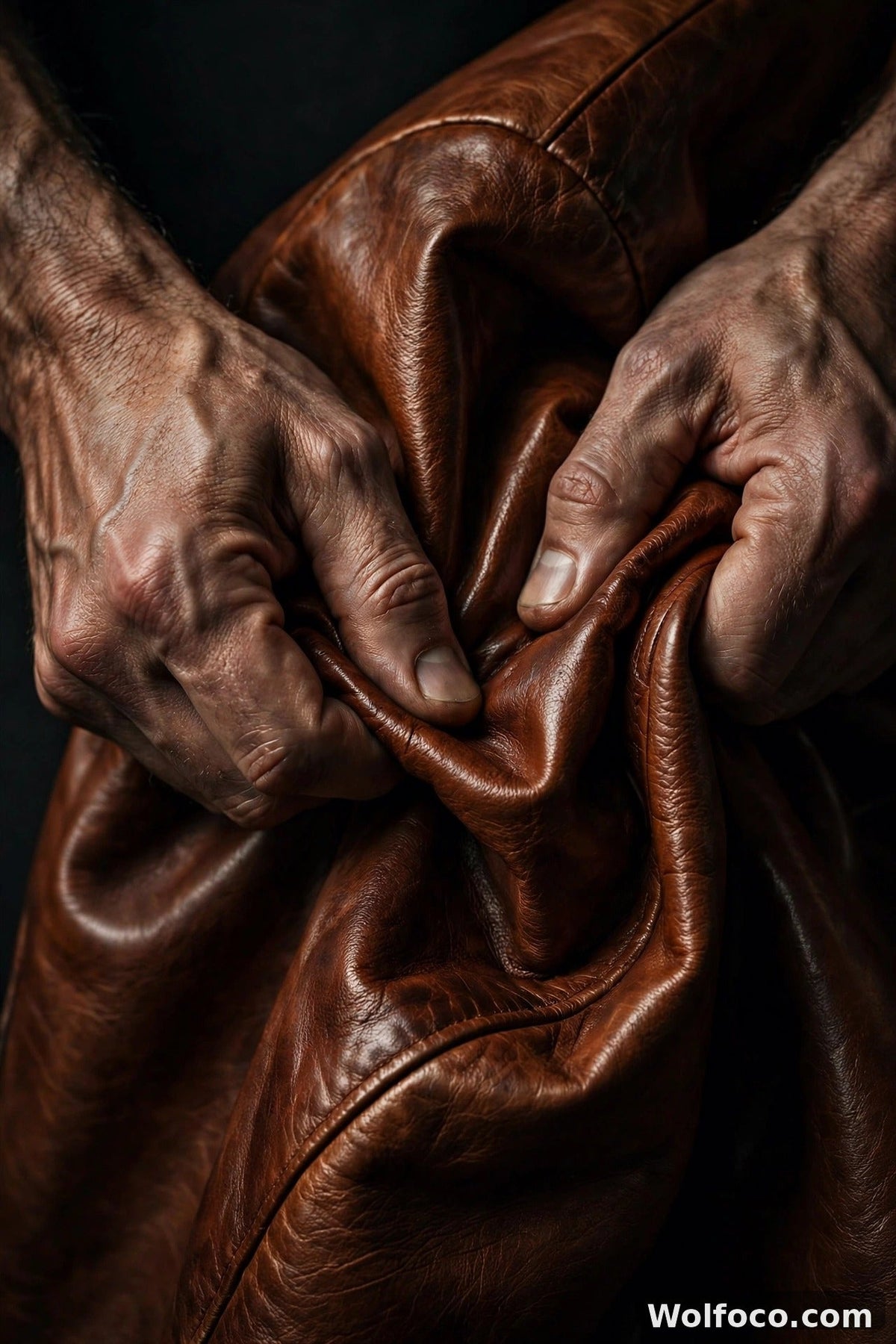 Hands softening a new cognac leather jacket to break it in fast
