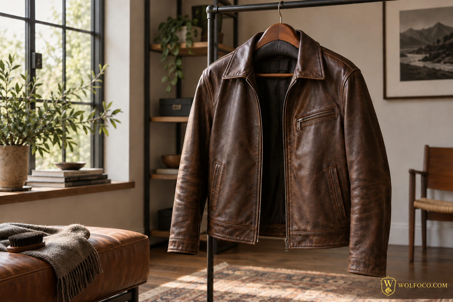 Brown leather jacket hanging for safe cleaning and conditioning — Wolfoco leather care guide