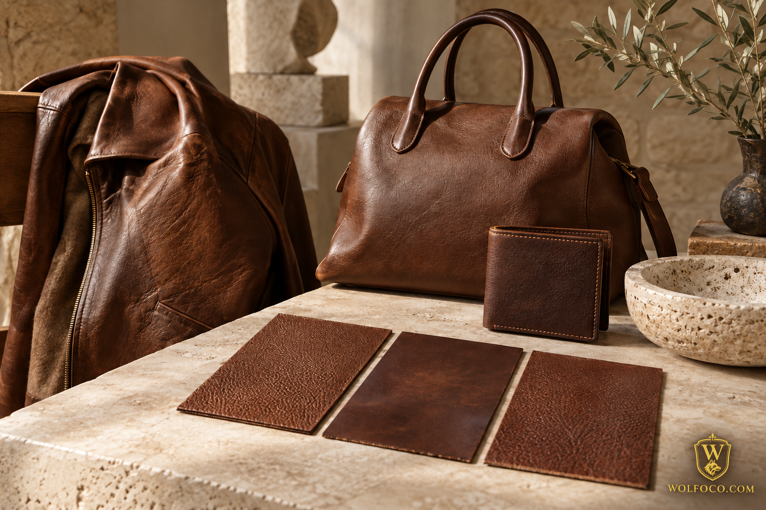 Wolfoco leather grade guide with jacket bag wallet and leather swatches