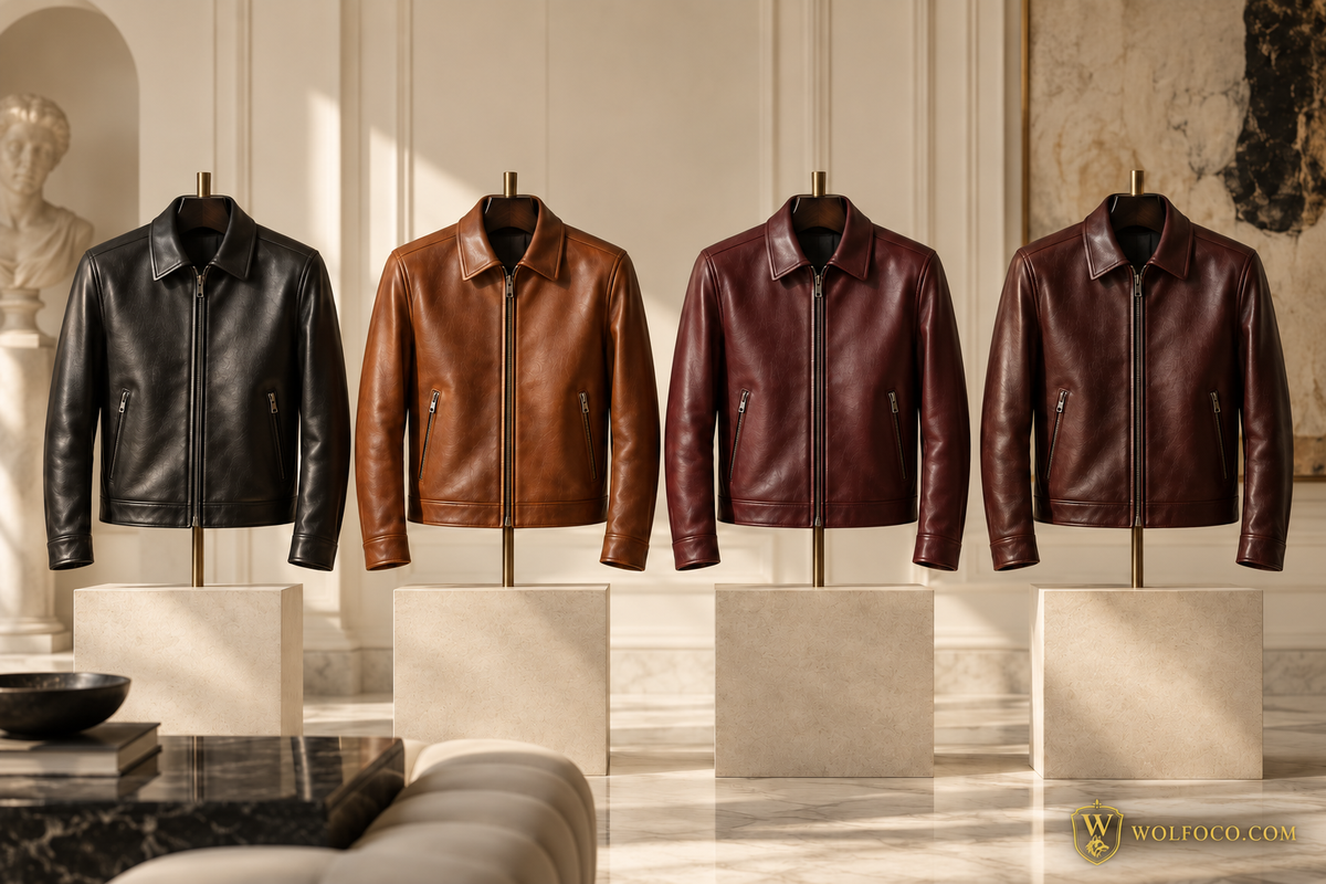 Black, cognac, burgundy and oxblood leather jackets displayed side by side