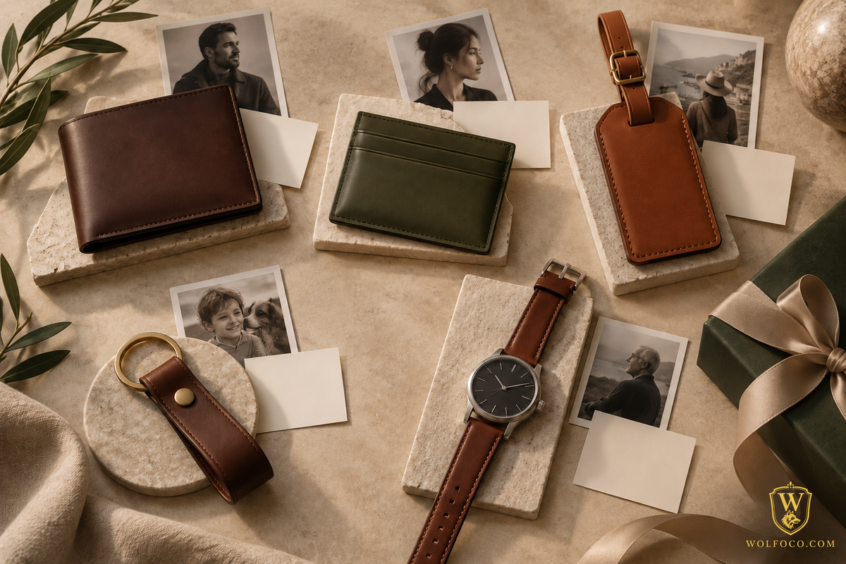 Brown leather watch strap displayed with coordinated leather accessories