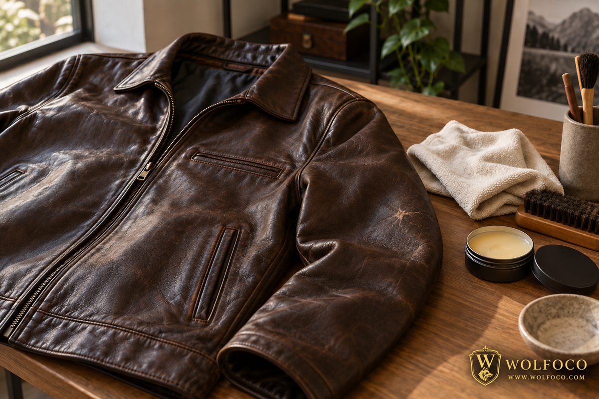 Brown leather jacket with light surface scuffs prepared for careful assessment