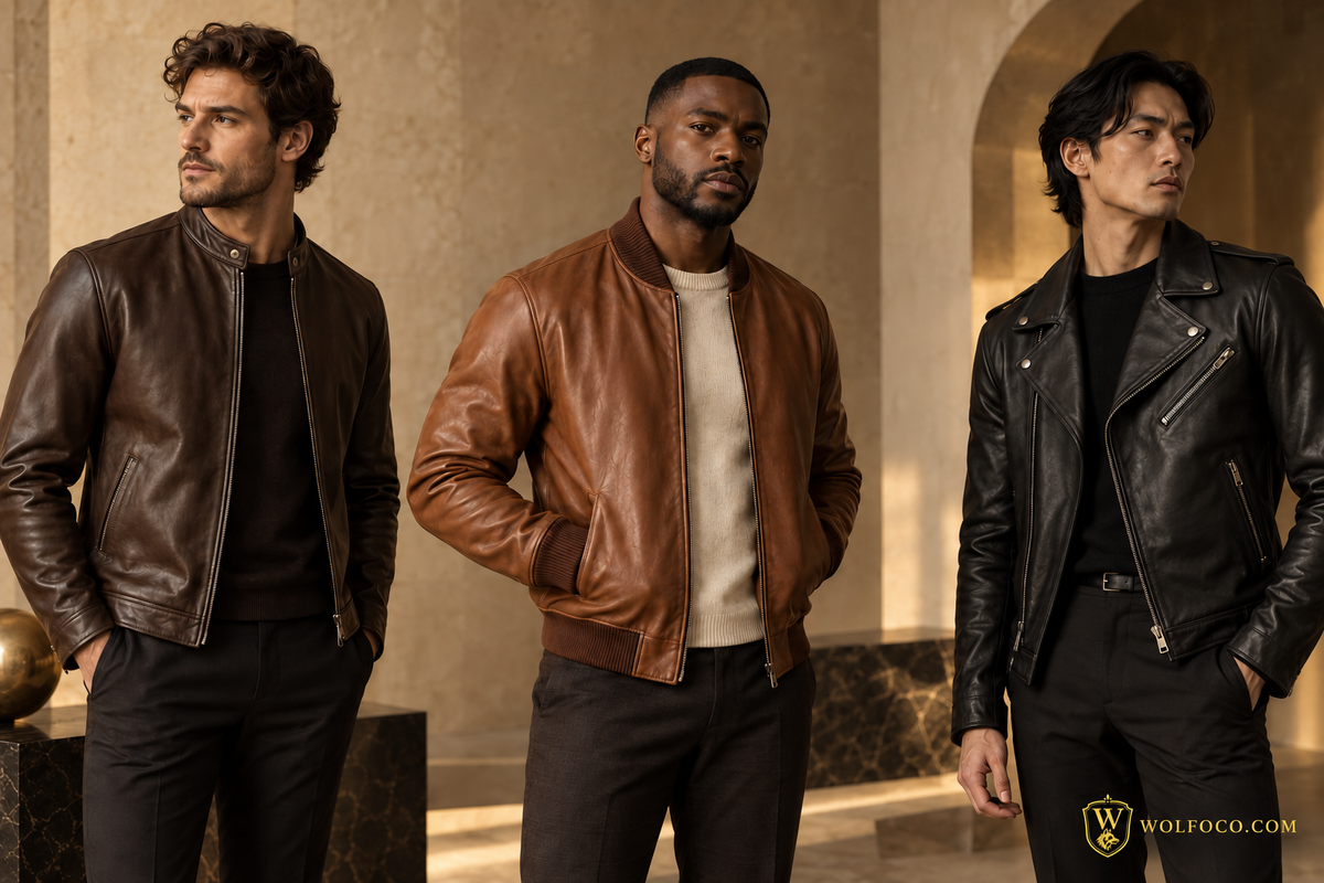 Men wearing café racer, bomber and biker leather jackets — Wolfoco style comparison