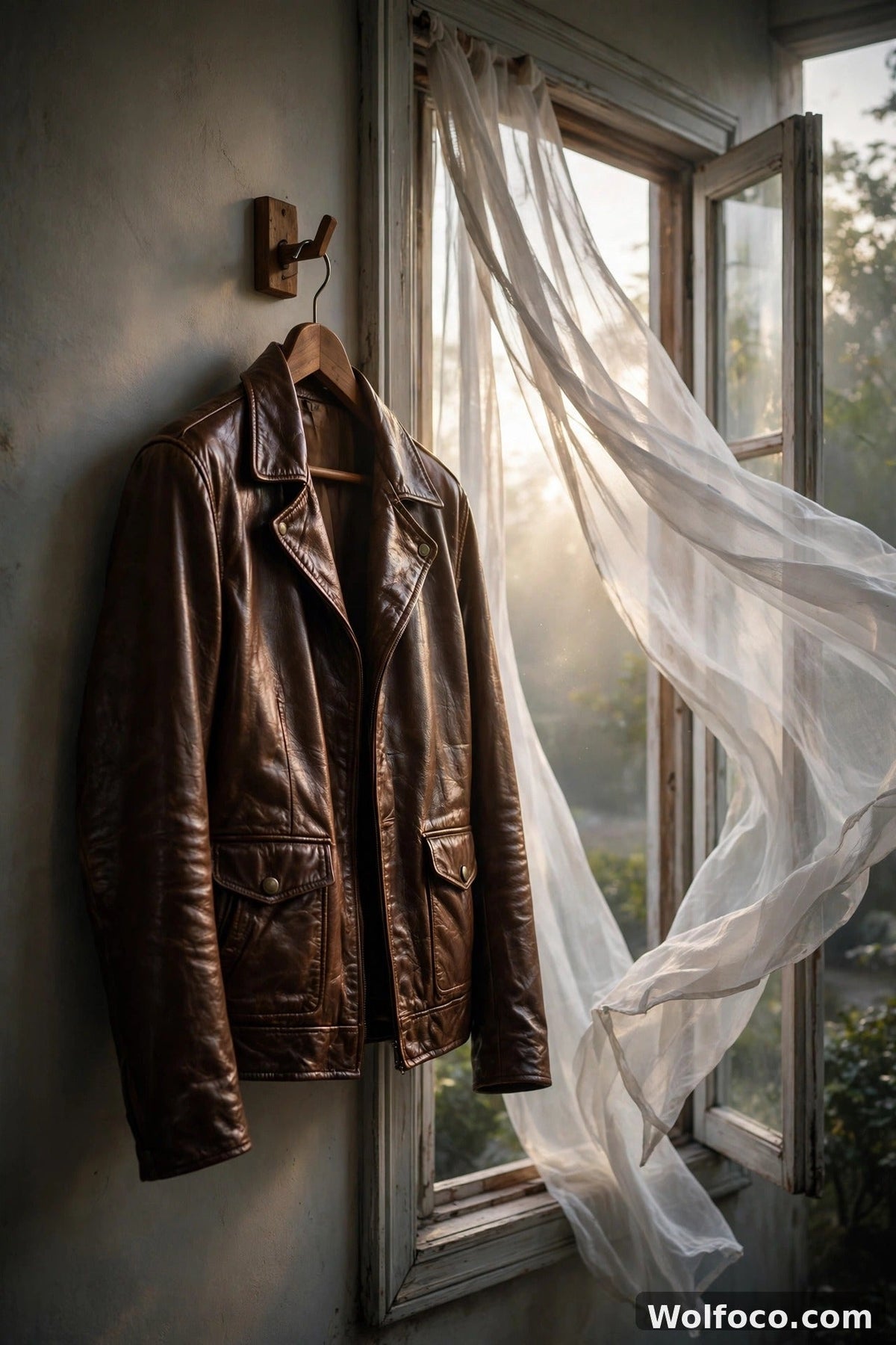 Brown leather jacket airing by an open window in soft morning light