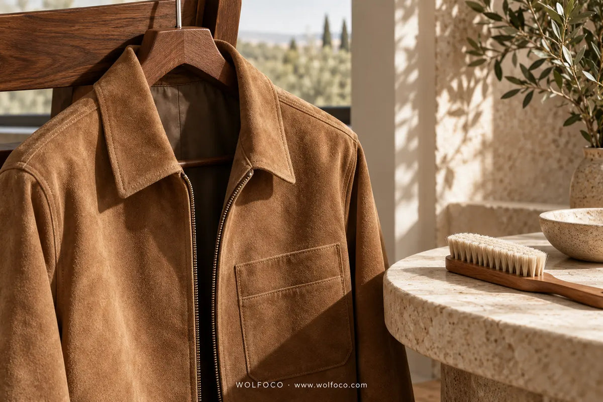 Camel suede jacket and brush in a sunlit room