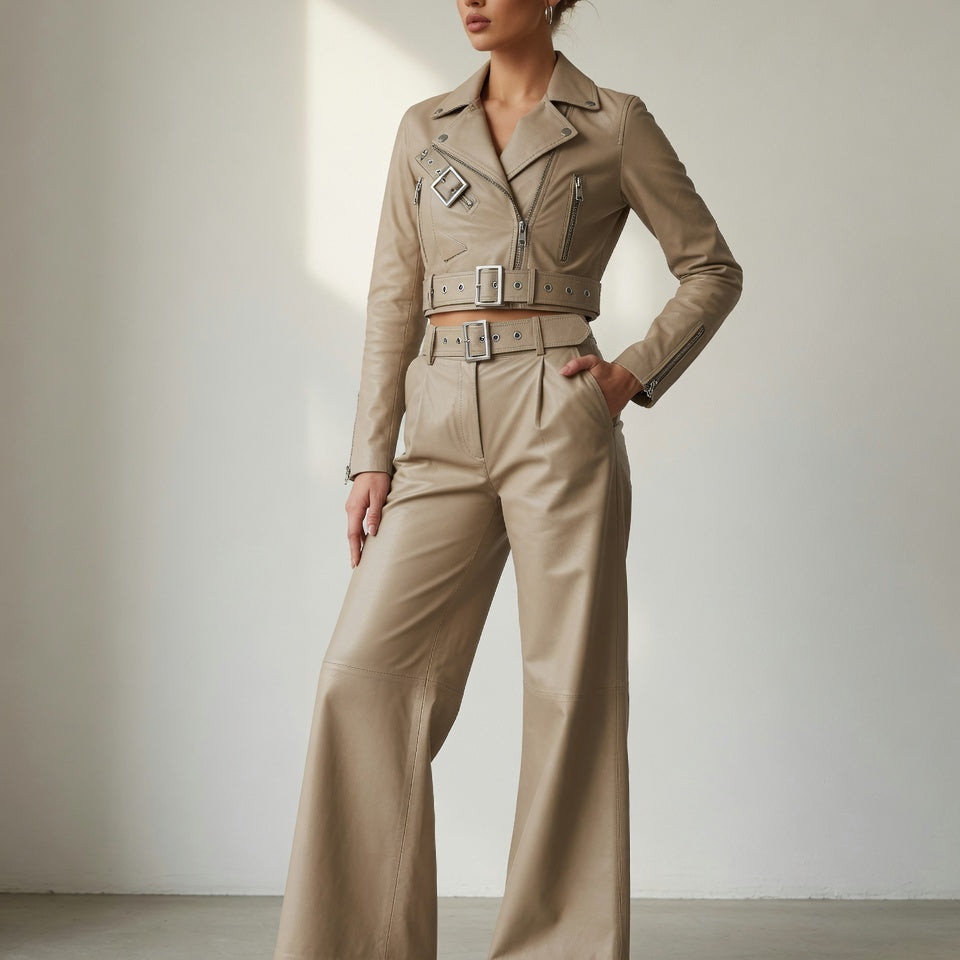 Damen-Bikerjacke aus echtem Leder in Crop-Länge & High-Waist Lederhose mit weitem Bein – Beiges luxuriöses Zweiteiler-Outfit