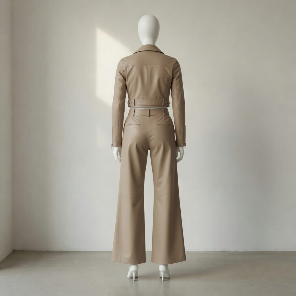 Damen-Bikerjacke aus echtem Leder in Crop-Länge & High-Waist Lederhose mit weitem Bein – Beiges luxuriöses Zweiteiler-Outfit