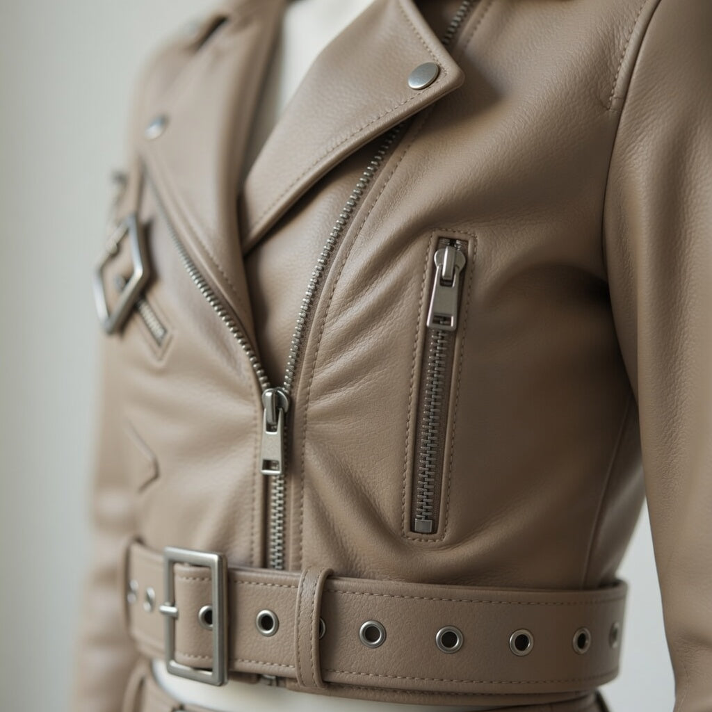 Damen-Bikerjacke aus echtem Leder in Crop-Länge & High-Waist Lederhose mit weitem Bein – Beiges luxuriöses Zweiteiler-Outfit