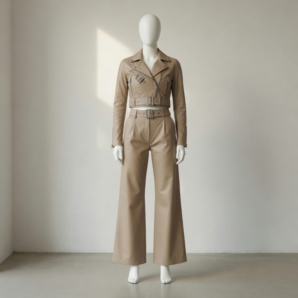 Damen-Bikerjacke aus echtem Leder in Crop-Länge & High-Waist Lederhose mit weitem Bein – Beiges luxuriöses Zweiteiler-Outfit