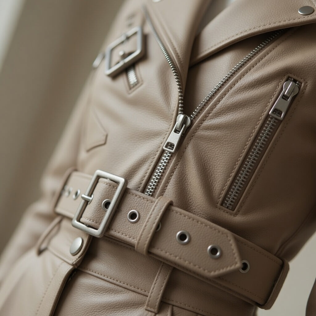 Damen-Bikerjacke aus echtem Leder in Crop-Länge & High-Waist Lederhose mit weitem Bein – Beiges luxuriöses Zweiteiler-Outfit