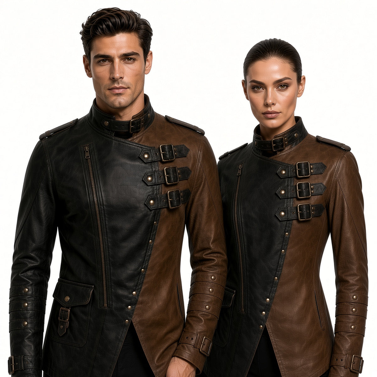 Men’s Black & Brown Genuine Leather Jacket – Medieval Warrior Steampunk Biker Coat