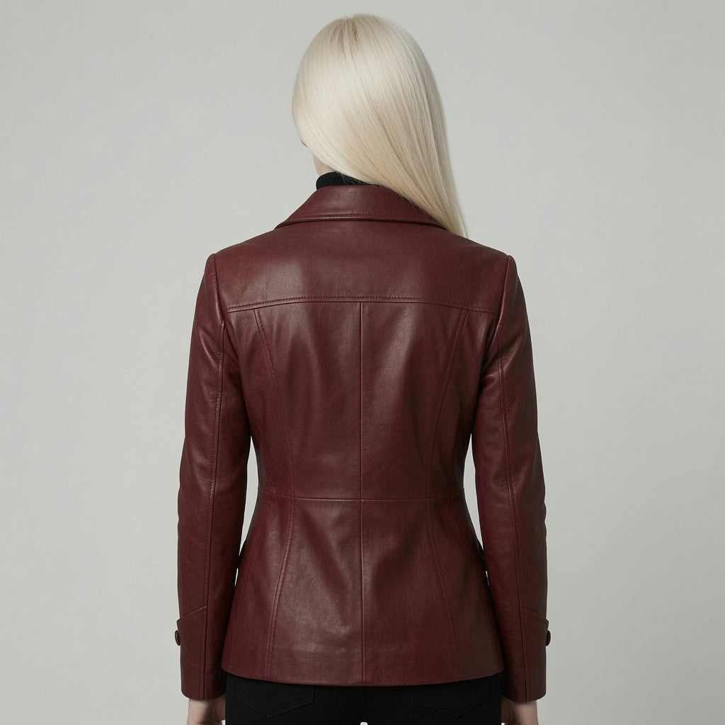 Women’s Burgundy Leather Blazer Jacket – Double Breasted Fitted Leather CoatWomen’s Burgundy Leather Blazer Jacket – Double Breasted Fitted Leather Coat