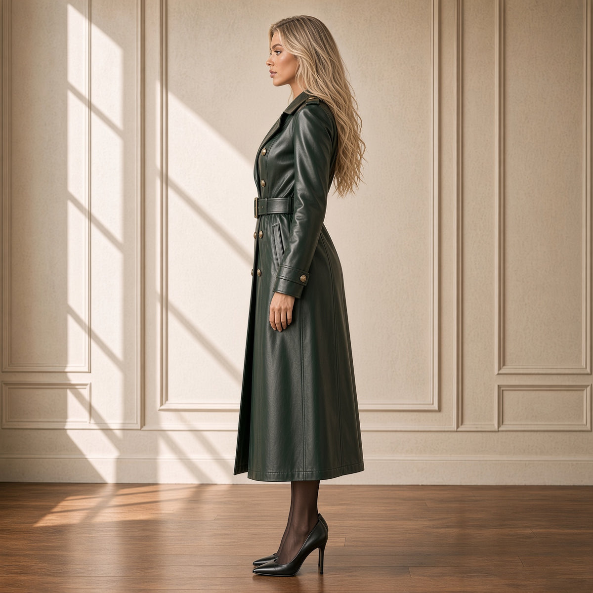 Women’s Dark Green Leather Trench Coat | Belted Long Jacket