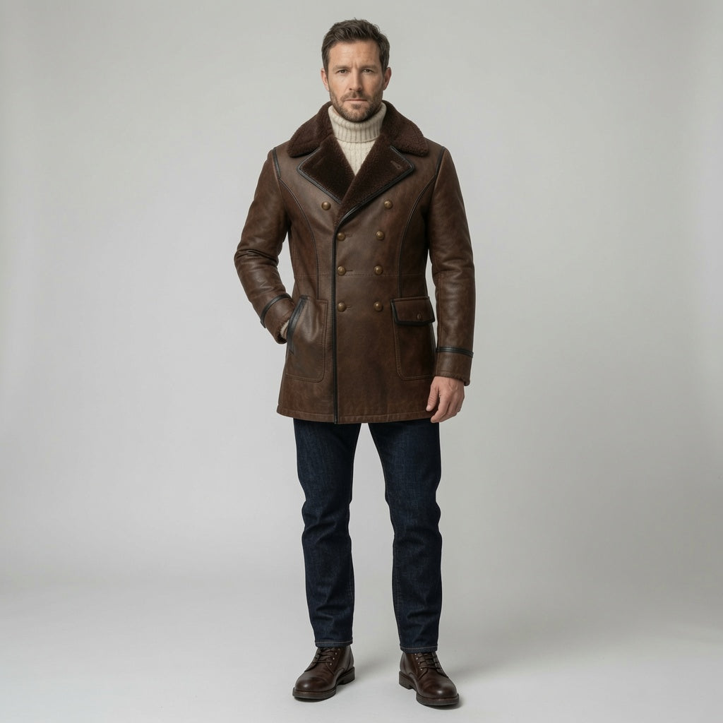 Men's Brown Shearling Leather Peacoat – Double Breasted Winter Leather Coat
