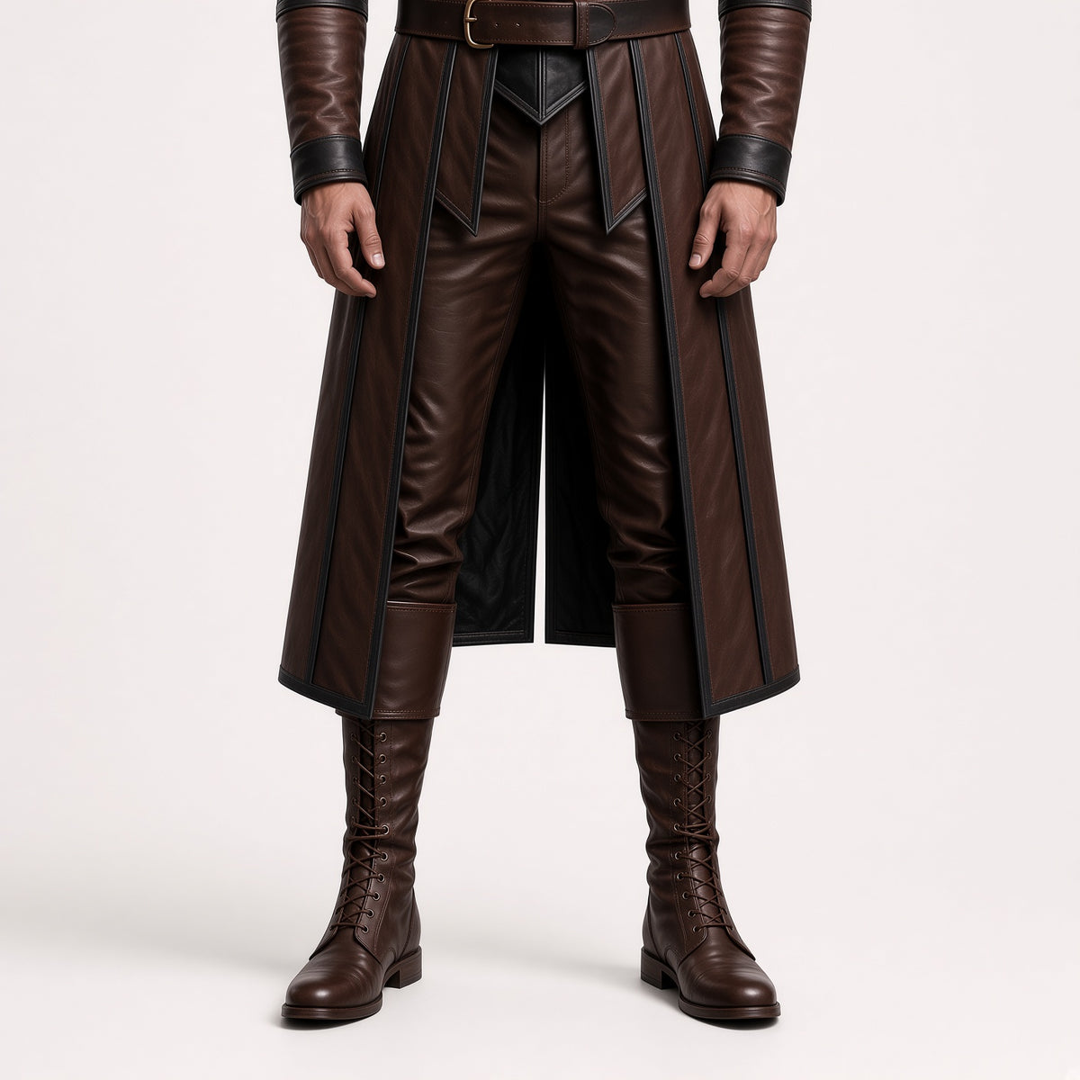 Men's Brown Leather Medieval Costume Set | Gothic Long Coat, Pants & Boots