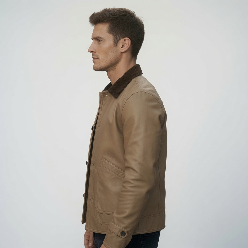 Herren Lederjacke aus echtem Leder in Hellbraun | Klassische Freizeit-Lederjacke mit Knopfleiste