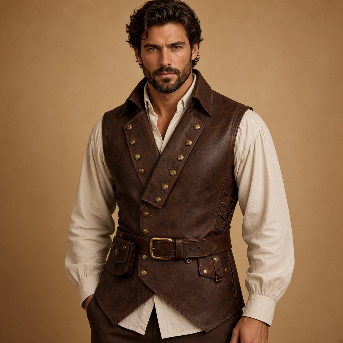 Men's Brown Leather Vest & Shirt Outfit – Vintage Casual Leather Look