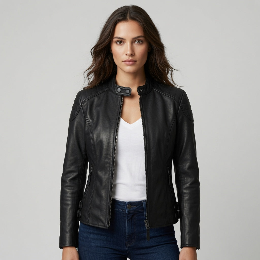Schwarze Motorradjacke aus echtem Leder für Damen – schmal geschnittene Bikerjacke