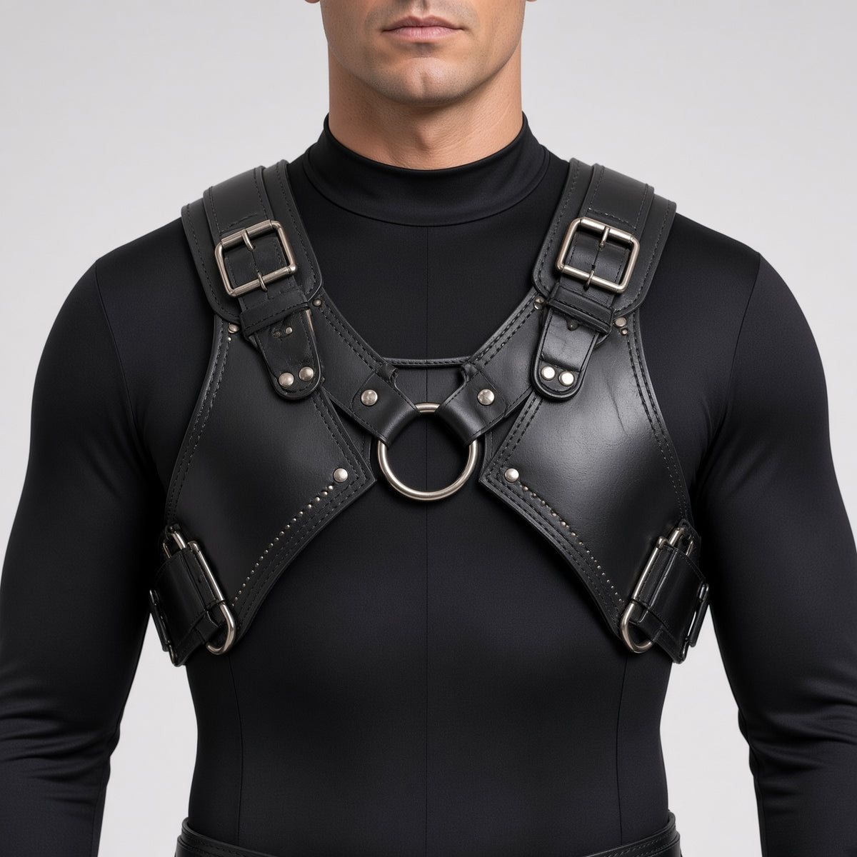 Men's Black Leather Harness Costume | Gothic Warrior Outfit with Boots