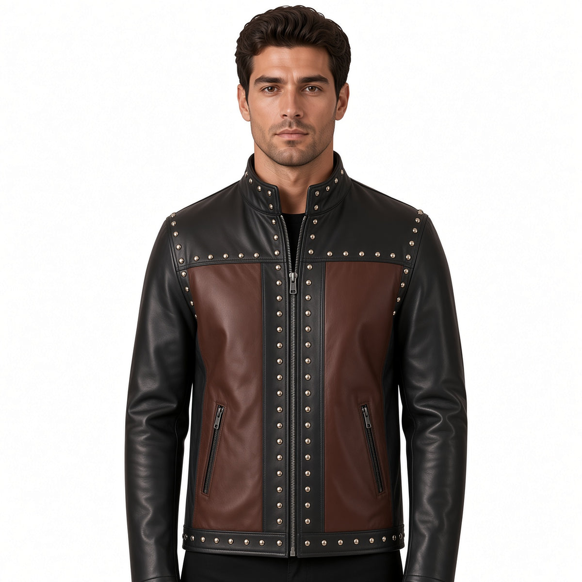 Men's Black & Brown Studded Leather Jacket – Vintage Biker Style