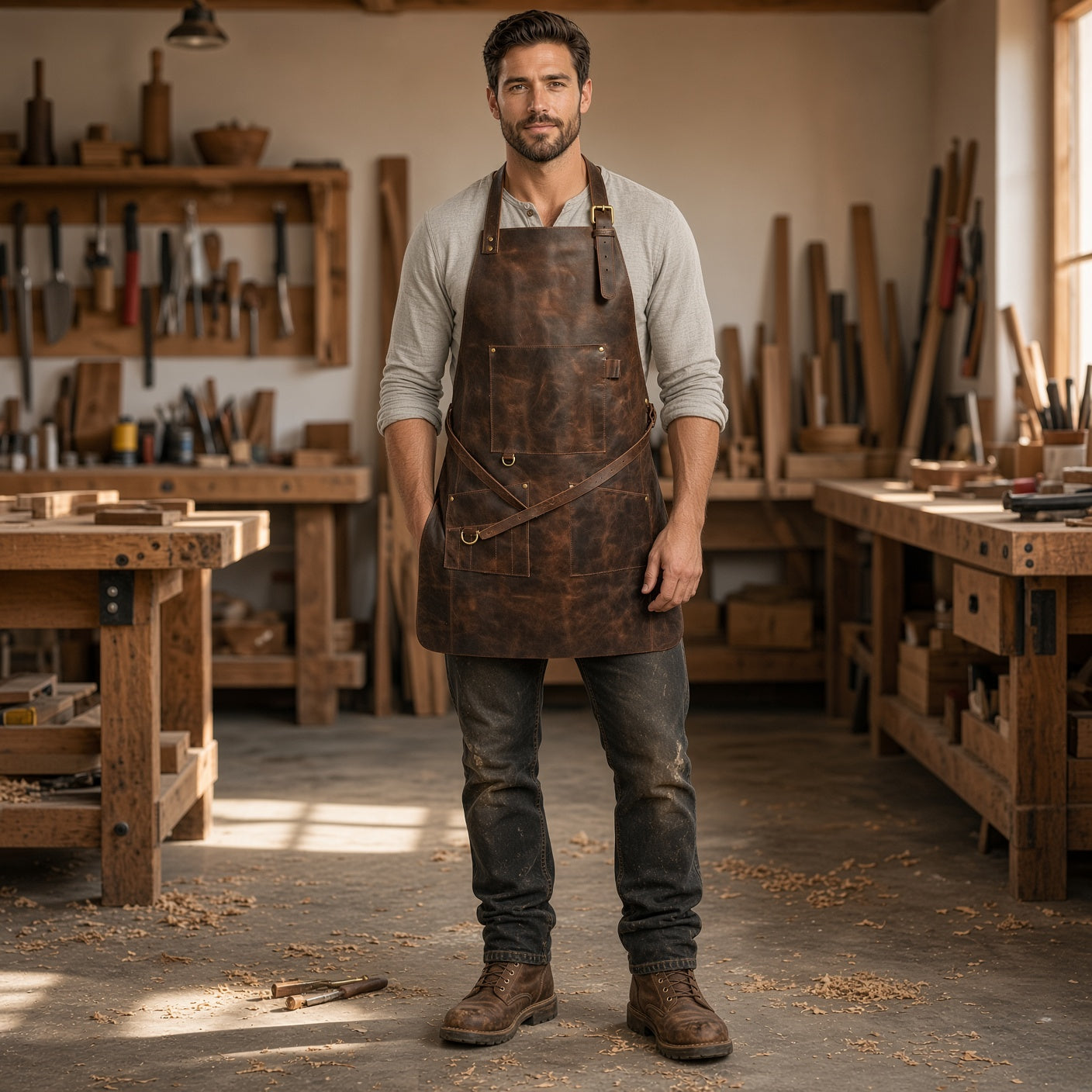 Men’s Genuine Leather Workshop Apron – Heavy Duty Handmade Craft & Tool Apron