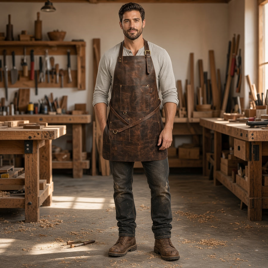 Men’s Genuine Leather Workshop Apron – Heavy Duty Handmade Craft & Tool Apron