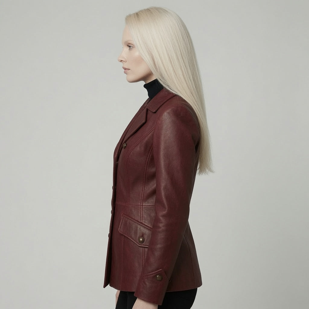 Women’s Burgundy Leather Blazer Jacket – Double Breasted Fitted Leather CoatWomen’s Burgundy Leather Blazer Jacket – Double Breasted Fitted Leather Coat