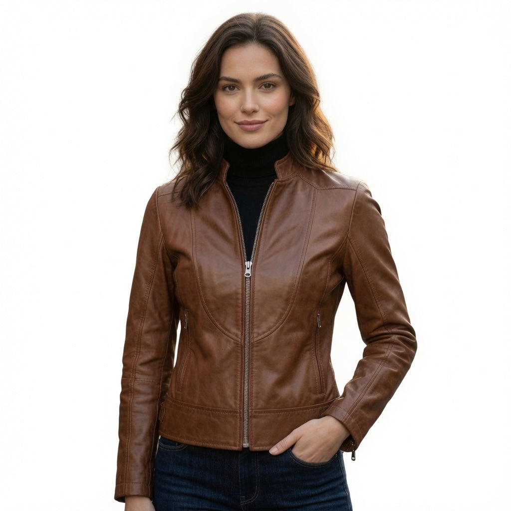 Damen Cognacbraune Echtleder-Motorradjacke | Schmale Lederjacke