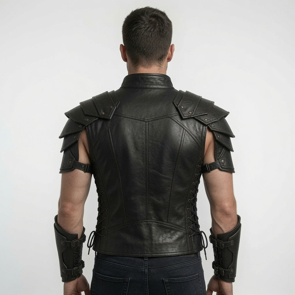 Men's Black Fantasy Leather Armor Vest – Medieval Warrior Cosplay Costume with Bracers