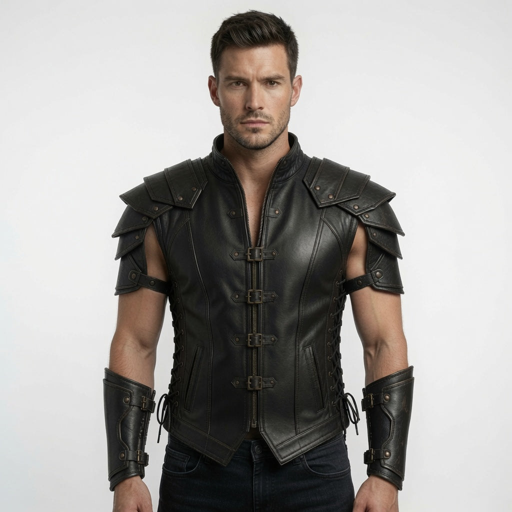 Men's Black Fantasy Leather Armor Vest – Medieval Warrior Cosplay Costume with Bracers