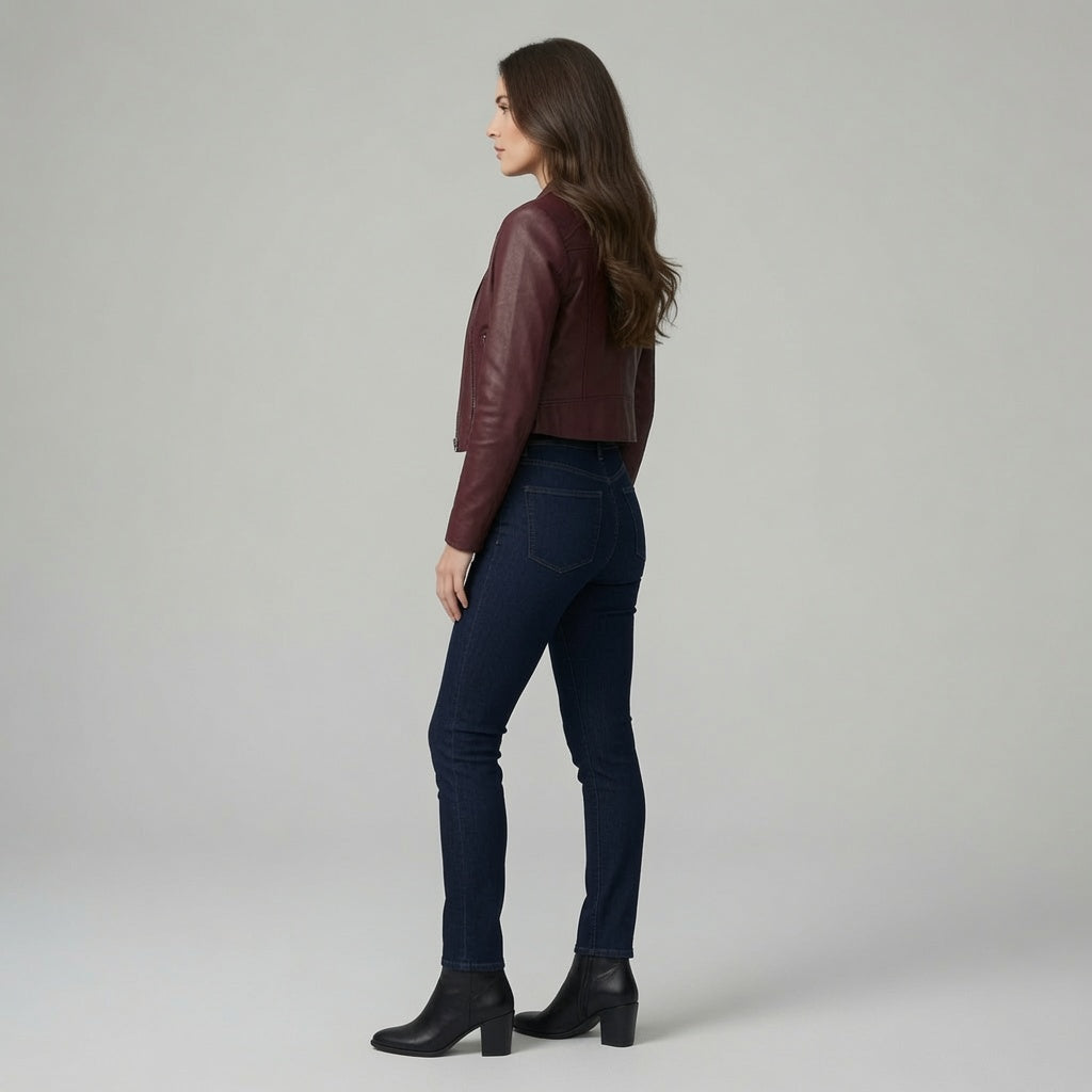 Damen bordeauxrote verkürzte Lederjacke – Schmale Passform Lässiger Motorrad-Stil