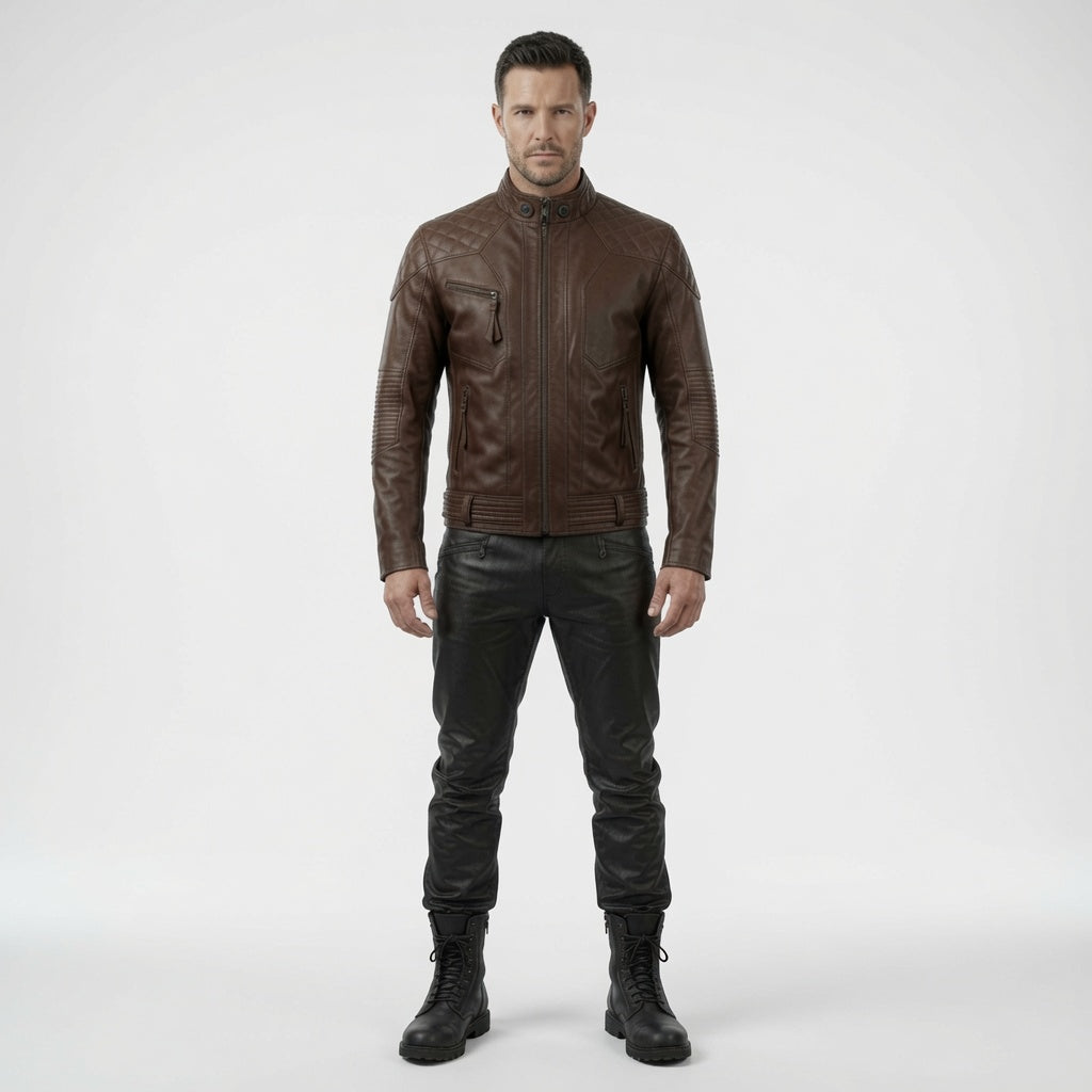 Men's Brown Quilted Leather Biker Jacket – Classic Motorcycle Café Racer Jacket