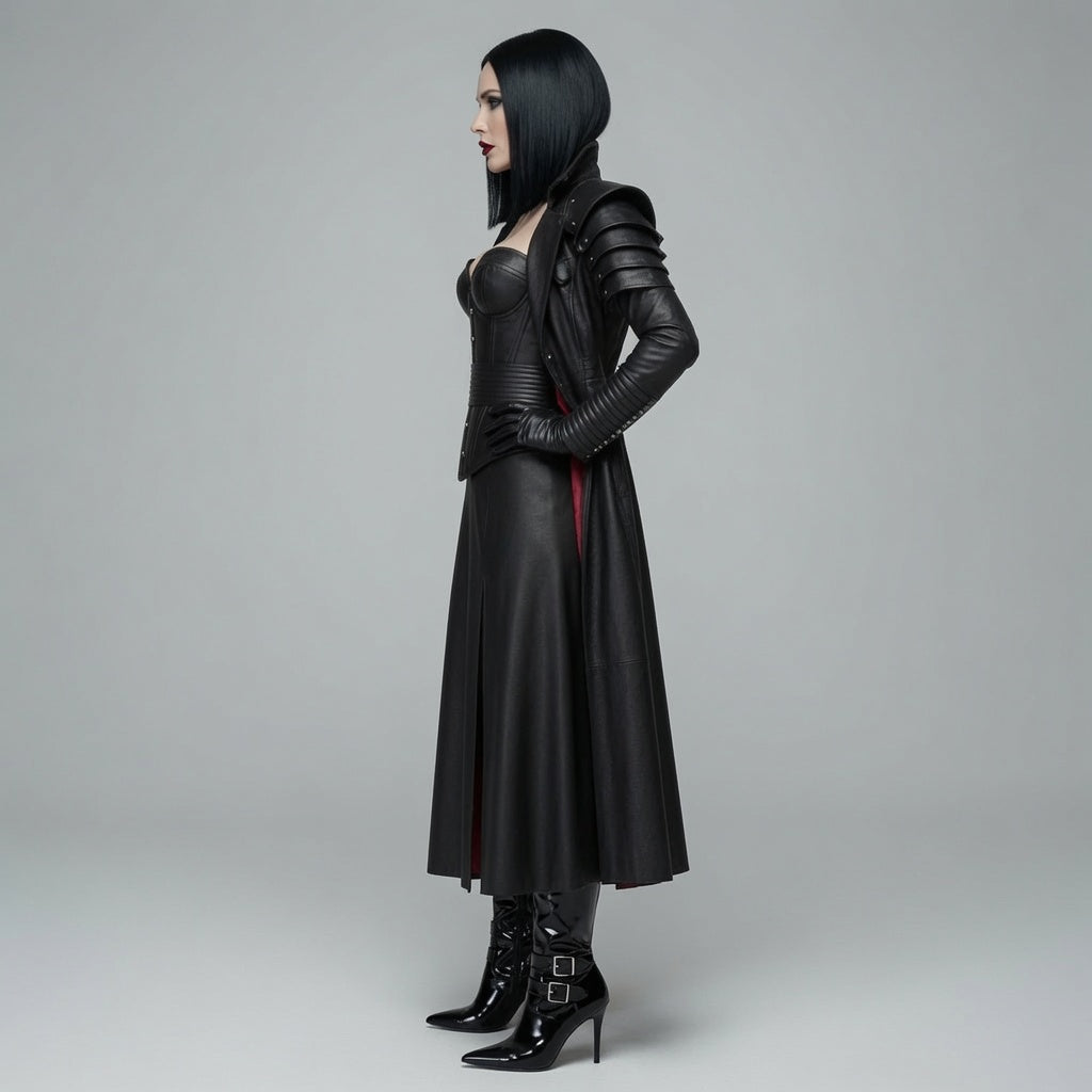 Damen Schwarzer Gothic Echtleder Langmantel & Korsett Set | Vampir Fantasy Kostüm
